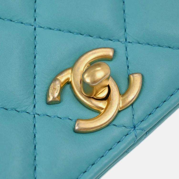 Pre Owned Chanel Light Blue Lambskin Turnlock Full Flap Shoulder Bag