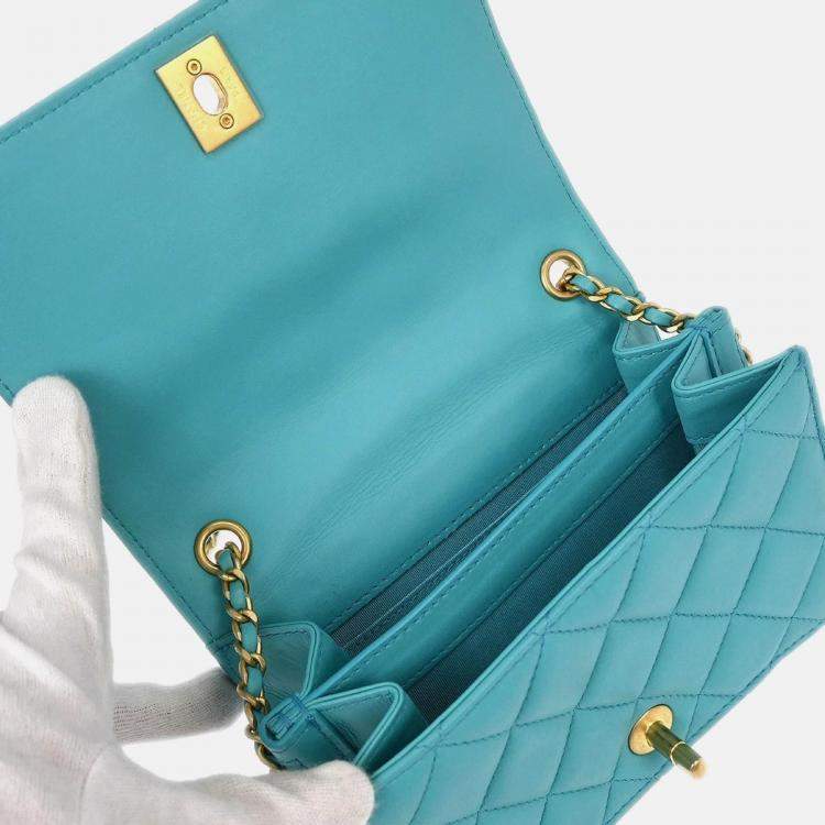 Pre Owned Chanel Light Blue Lambskin Turnlock Full Flap Shoulder Bag