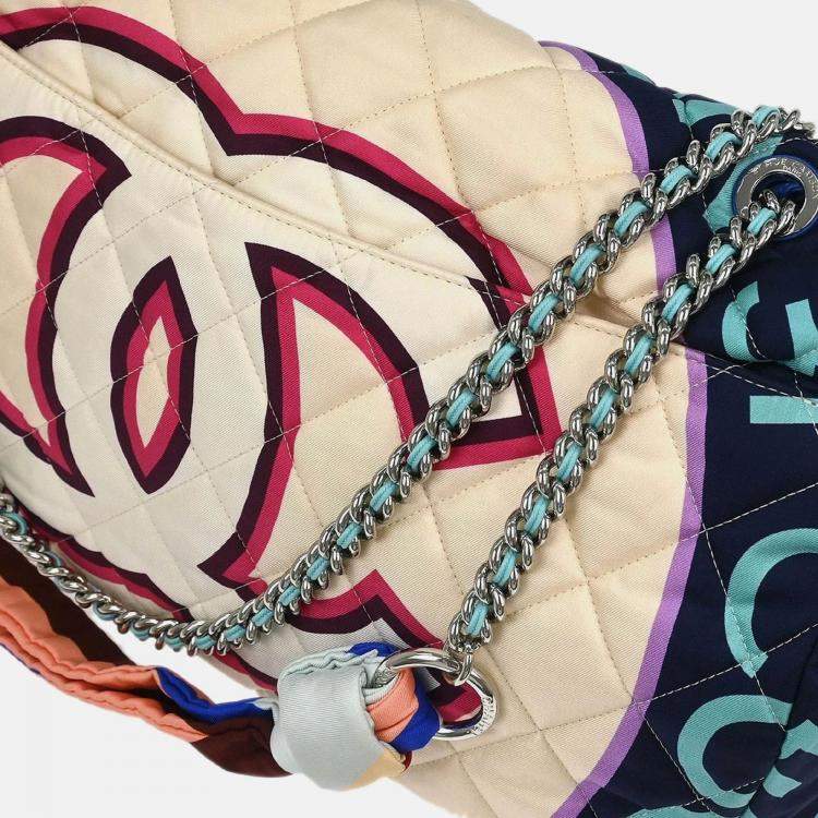 Pre Owned Chanel Light Blue Navy Satin XXL Quilted Printed Shoulder Bag