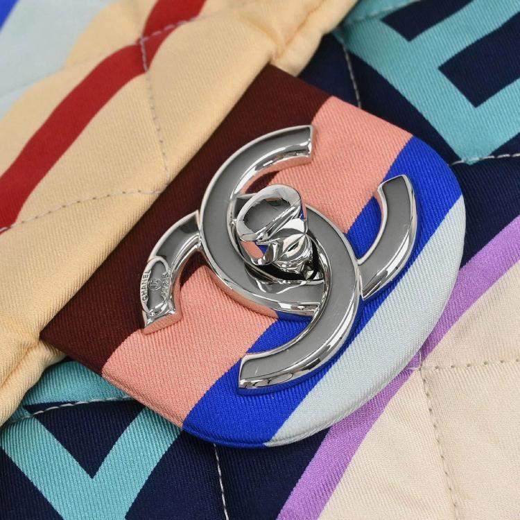 Pre Owned Chanel Light Blue Navy Satin XXL Quilted Printed Shoulder Bag