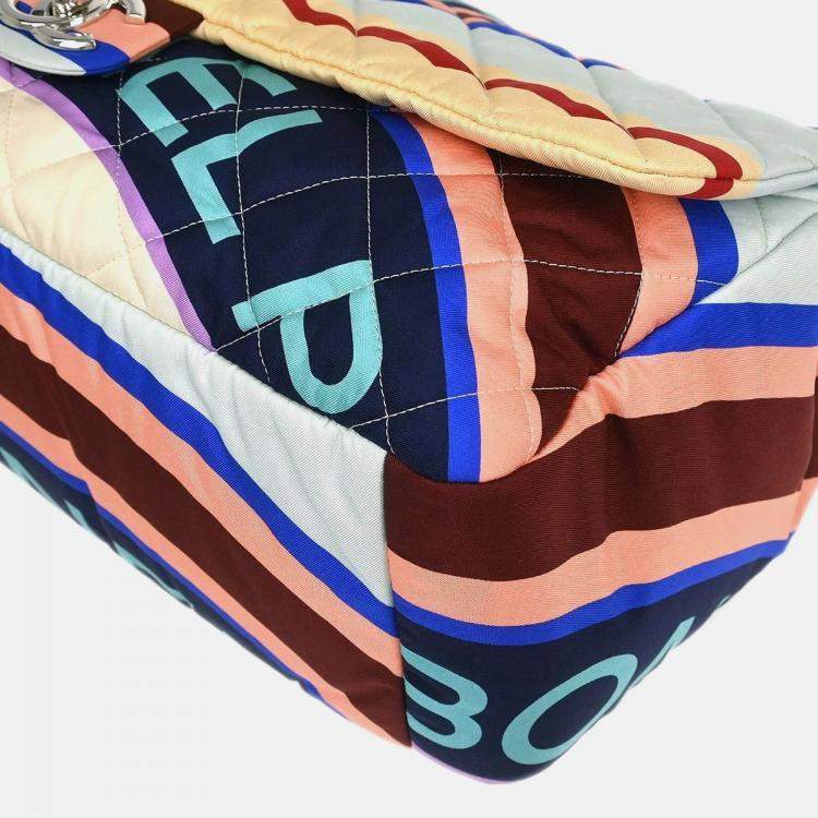 Pre Owned Chanel Light Blue Navy Satin XXL Quilted Printed Shoulder Bag