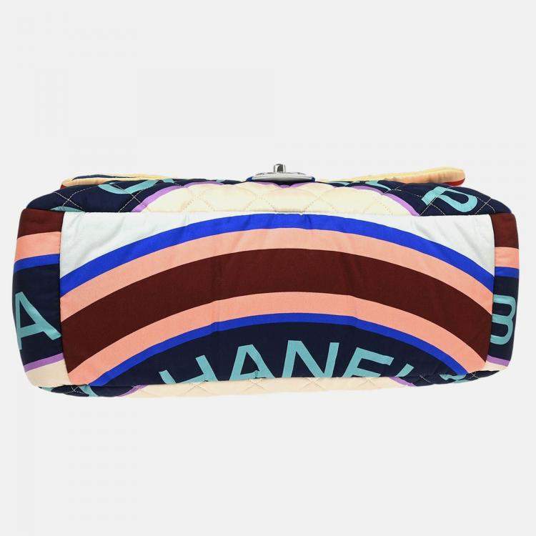 Pre Owned Chanel Light Blue Navy Satin XXL Quilted Printed Shoulder Bag