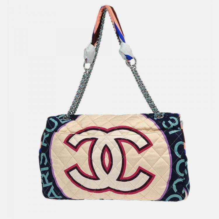 Pre Owned Chanel Light Blue Navy Satin XXL Quilted Printed Shoulder Bag