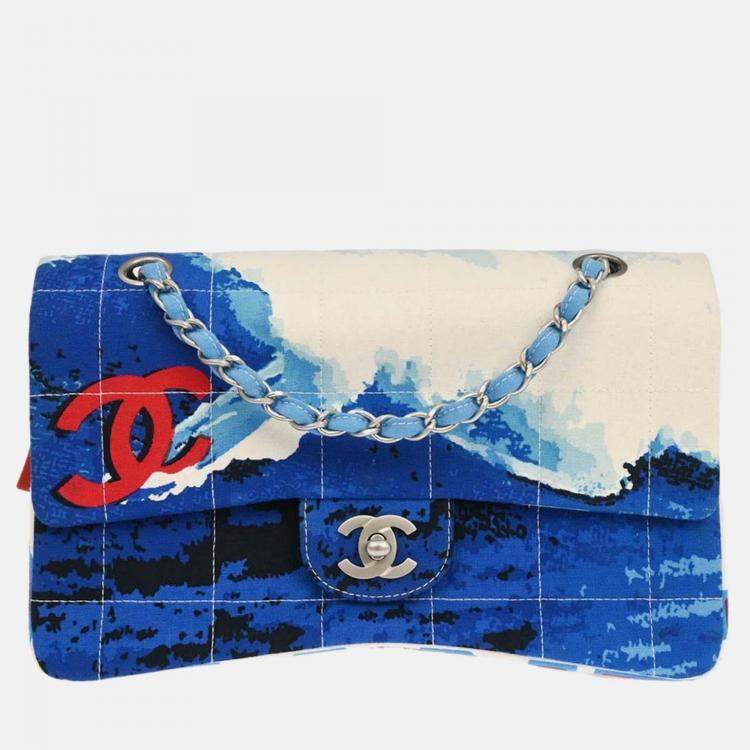 Pre Owned Chanel Blue Canvas Surf Line Choco Bar Shoulder Bag