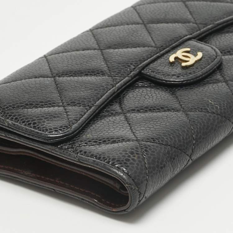 Pre Owned Chanel Black Quilted Caviar Leather Classic L Flap Wallet