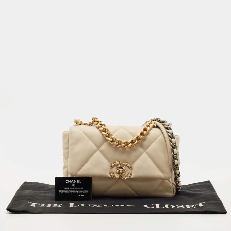 Pre Owned Chanel Light Beige Quilted Leather Small 19 Flap Bag