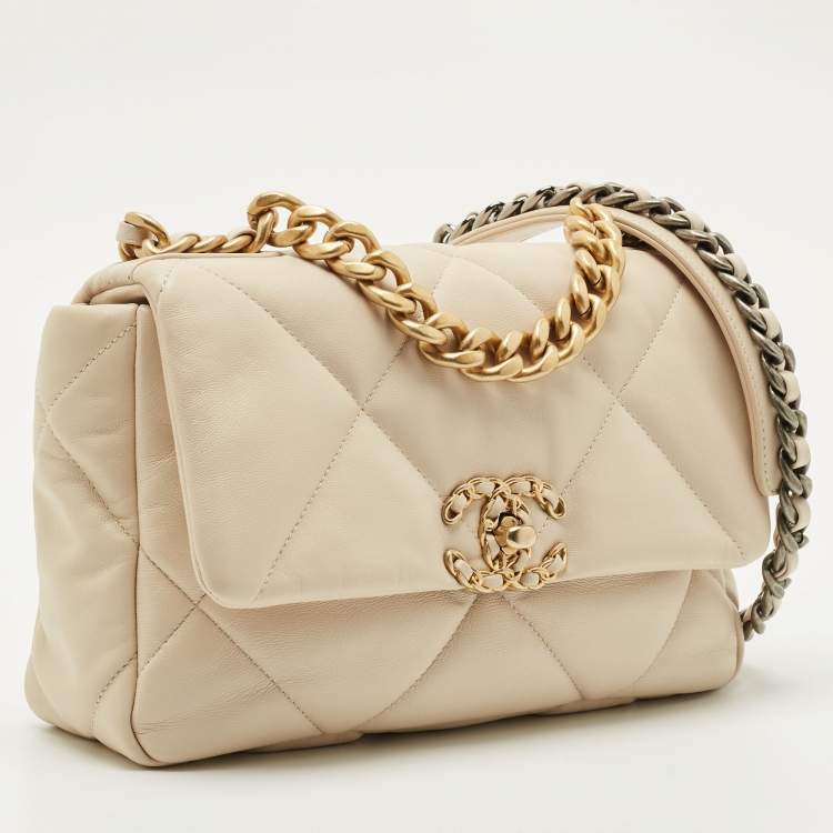 Pre Owned Chanel Light Beige Quilted Leather Small 19 Flap Bag