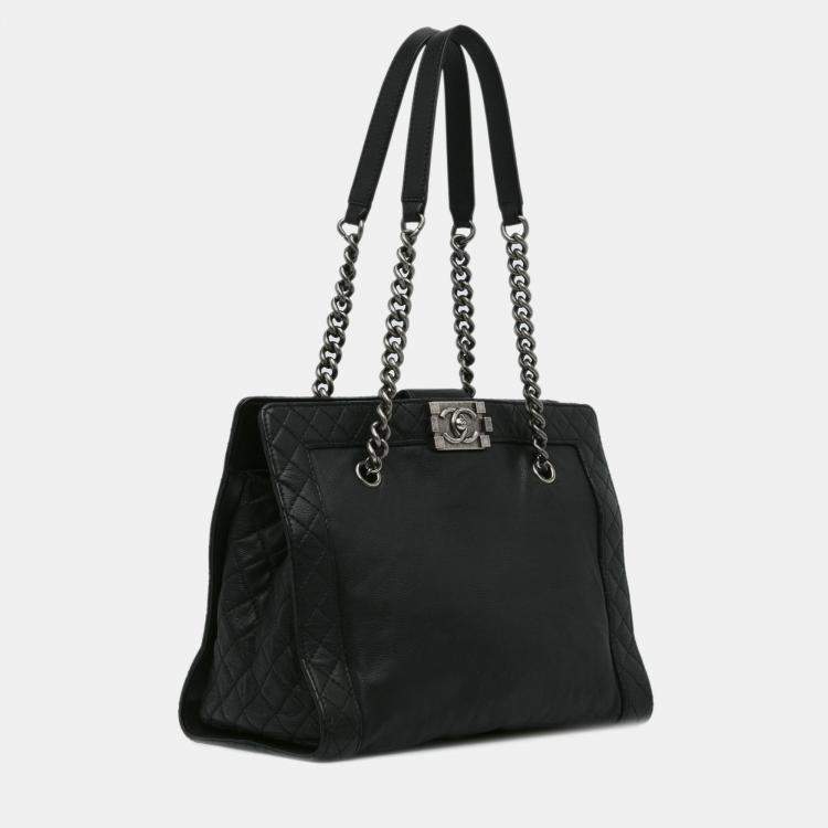 Pre Owned Chanel Black Medium Calfskin Boy Reverso Shopping Tote