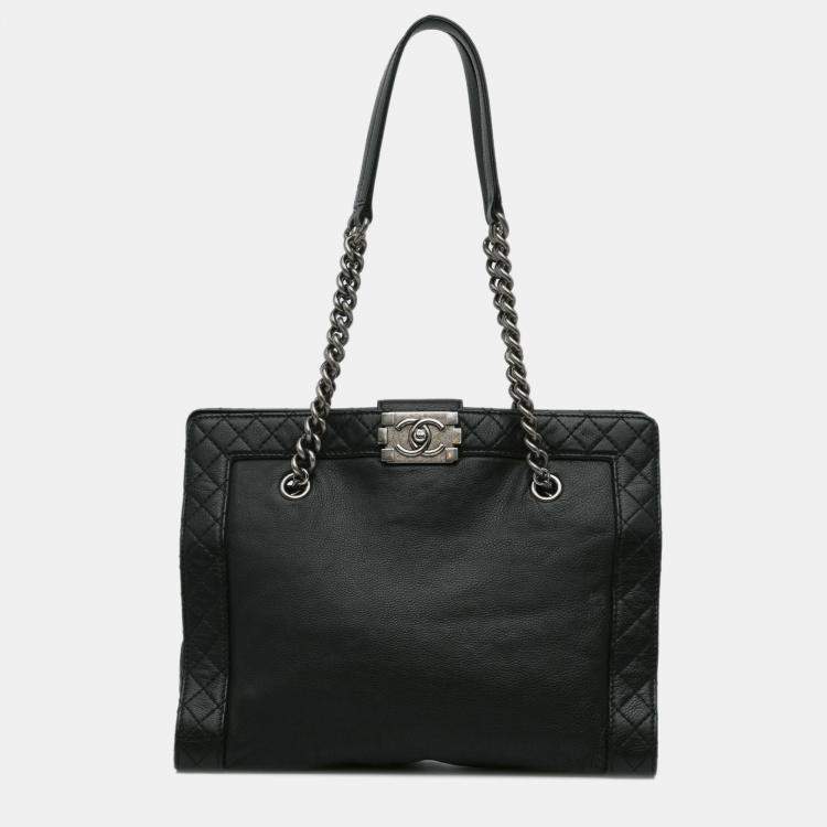 Pre Owned Chanel Black Medium Calfskin Boy Reverso Shopping Tote