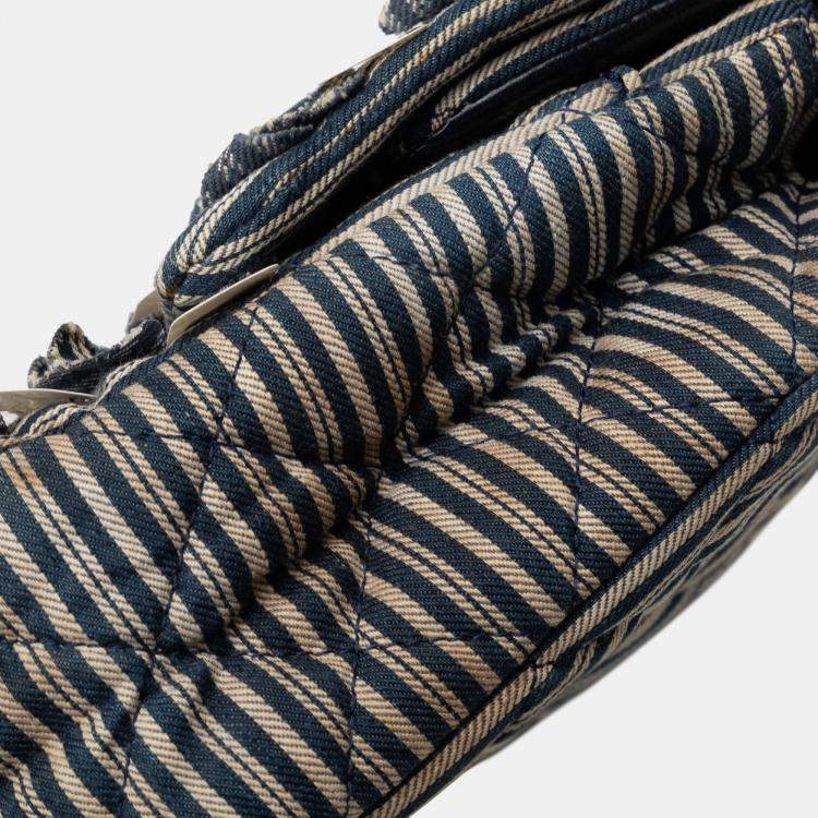 Pre Owned Chanel Blue Medium Cotton Striped Double Flap