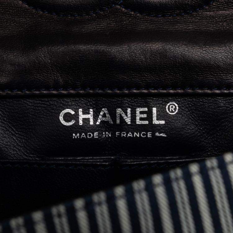 Pre Owned Chanel Blue Medium Cotton Striped Double Flap