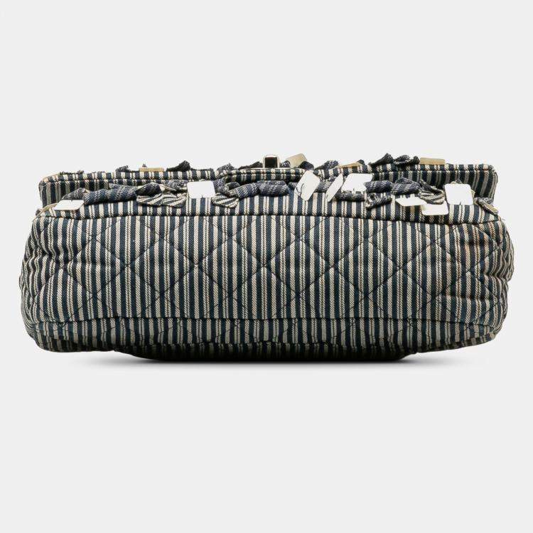 Pre Owned Chanel Blue Medium Cotton Striped Double Flap