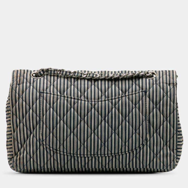 Pre Owned Chanel Blue Medium Cotton Striped Double Flap