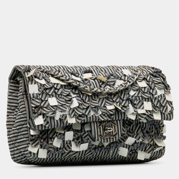 Pre Owned Chanel Blue Medium Cotton Striped Double Flap