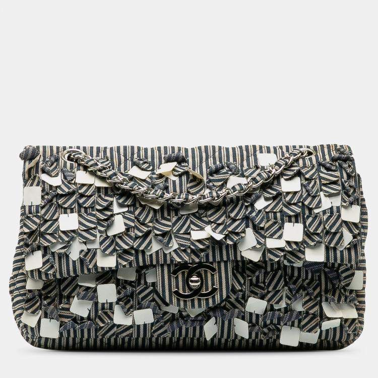 Pre Owned Chanel Blue Medium Cotton Striped Double Flap