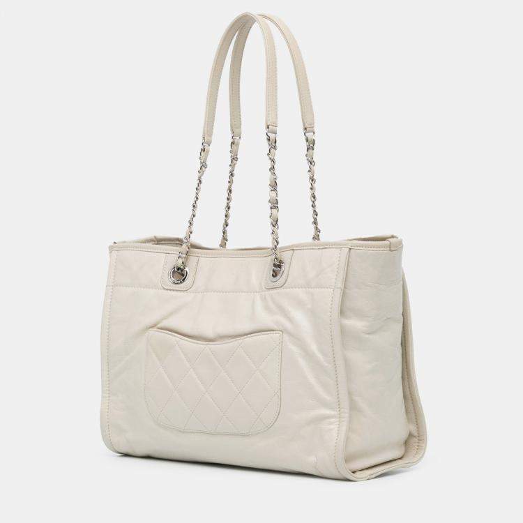 Pre Owned Chanel White Small Glazed Calfskin Deauville Tote