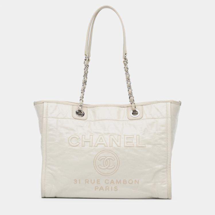 Pre Owned Chanel White Small Glazed Calfskin Deauville Tote
