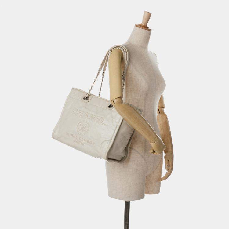 Pre Owned Chanel White Small Glazed Calfskin Deauville Tote