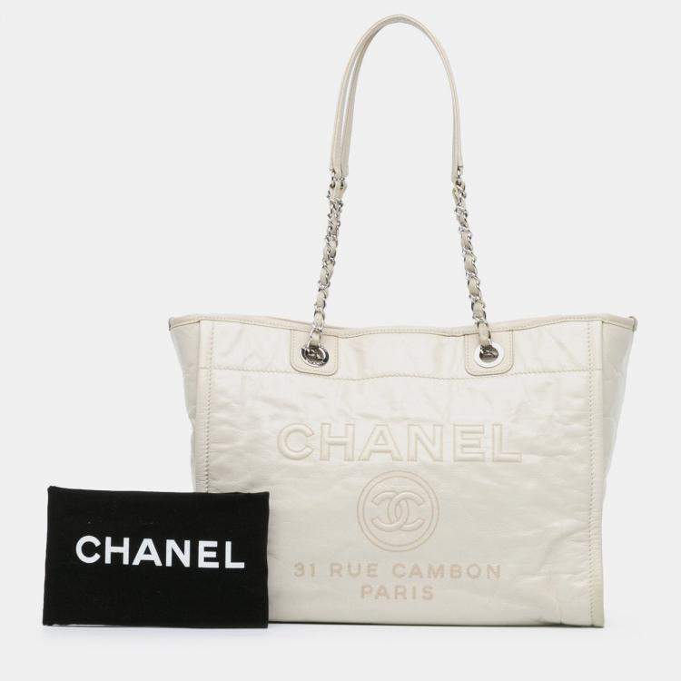 Pre Owned Chanel White Small Glazed Calfskin Deauville Tote