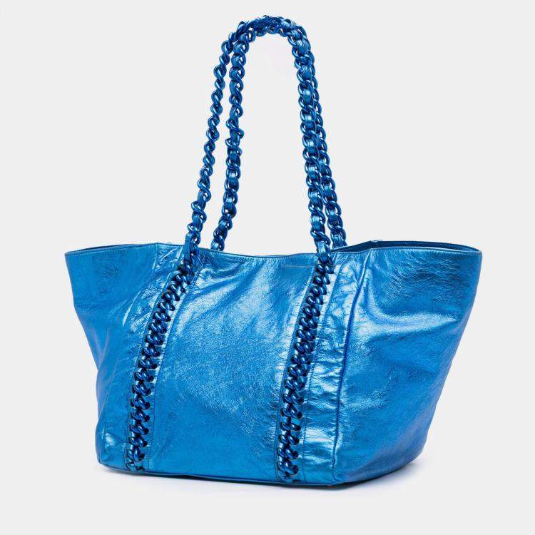 Pre Owned Chanel Blue Medium Cracked Metallic Calfskin Modern Chain Tote