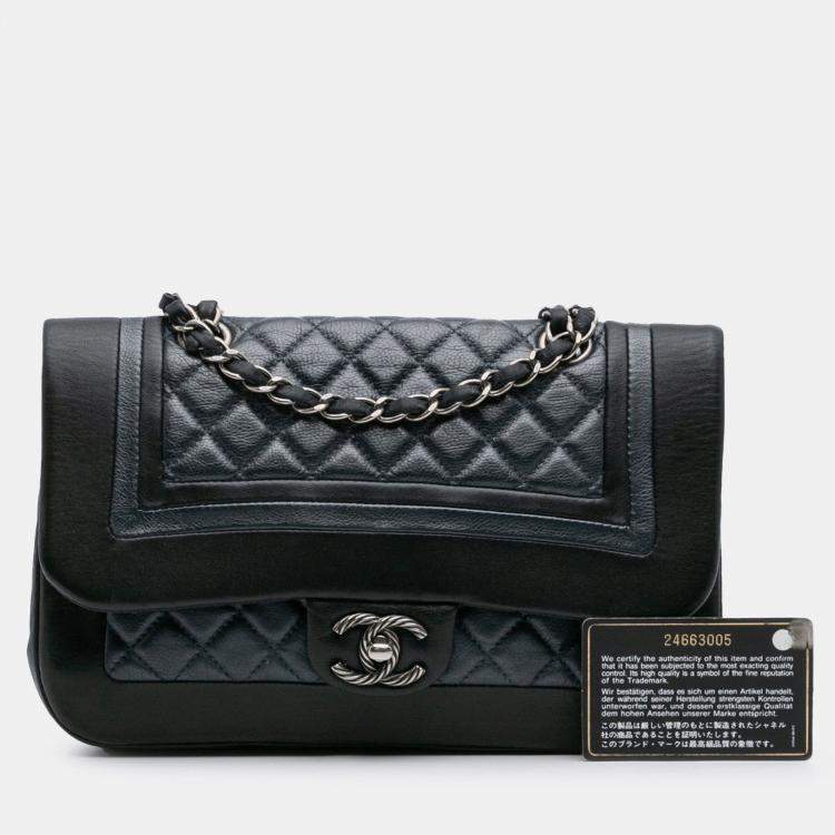 Pre Owned Chanel Black Blue Medium Bicolor Quilted Calfskin Flap