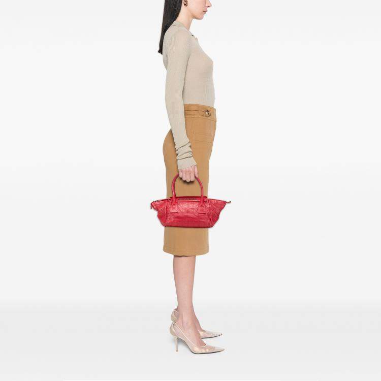 Pre Owned Chanel Red Lambskin Square Stitched Lax Handbag