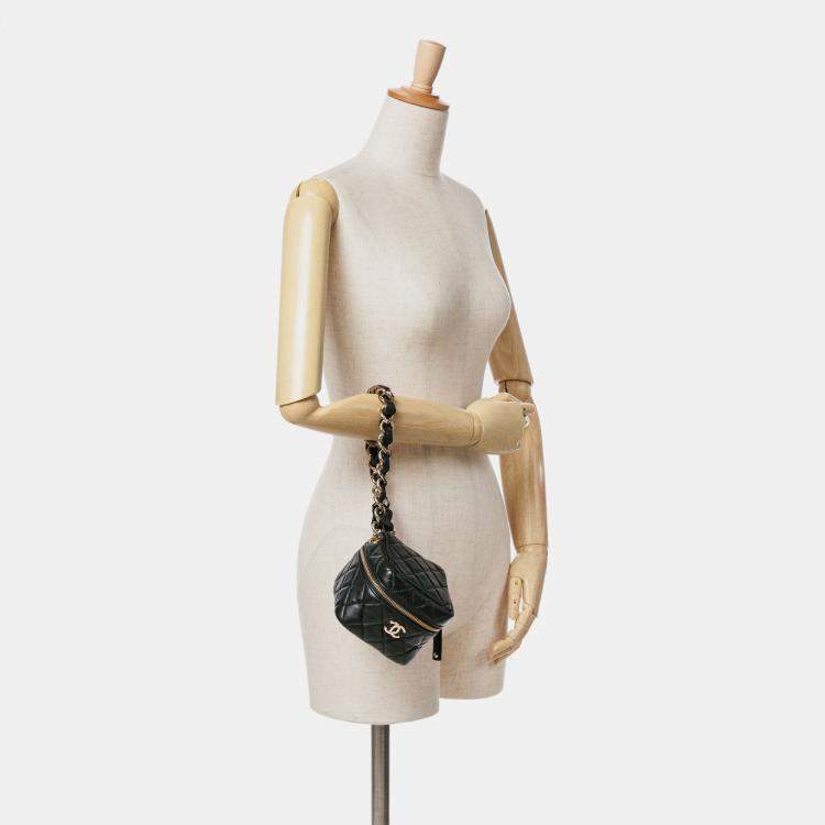 Pre Owned Chanel Black Quilted Lambskin Cube Chain Wristlet Case