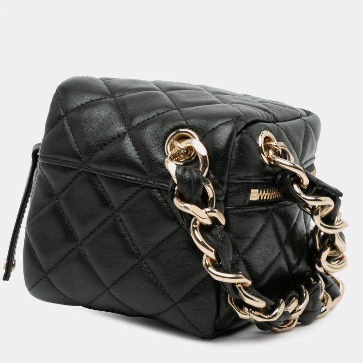 Pre Owned Chanel Black Quilted Lambskin Cube Chain Wristlet Case