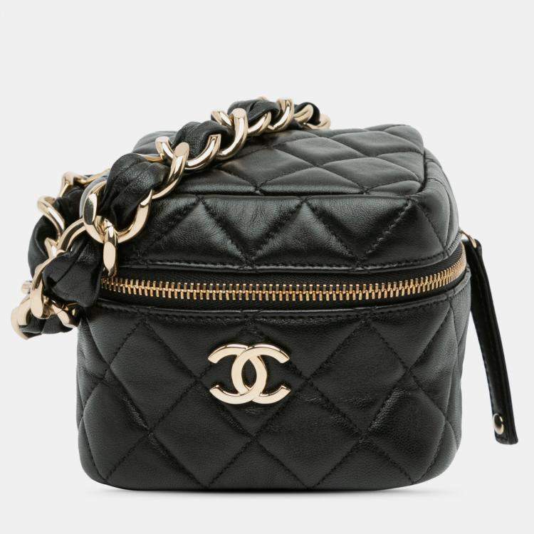 Pre Owned Chanel Black Quilted Lambskin Cube Chain Wristlet Case