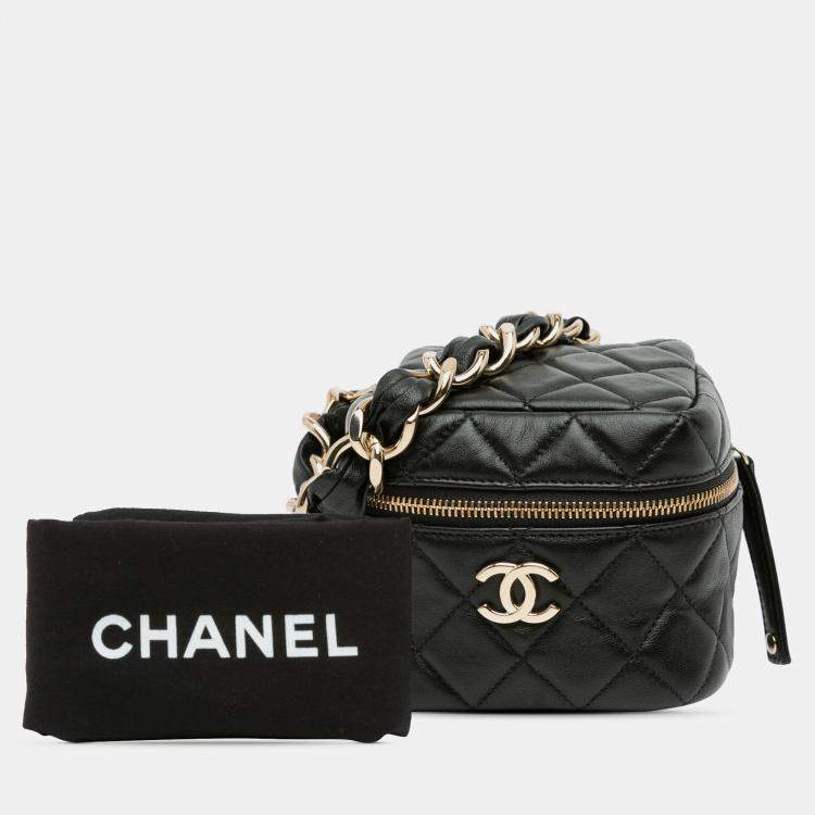 Pre Owned Chanel Black Quilted Lambskin Cube Chain Wristlet Case