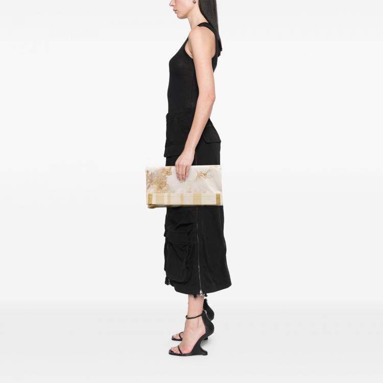 Pre Owned Chanel Cream XL Printed Canvas and Striped Lambskin Foldover Clutch