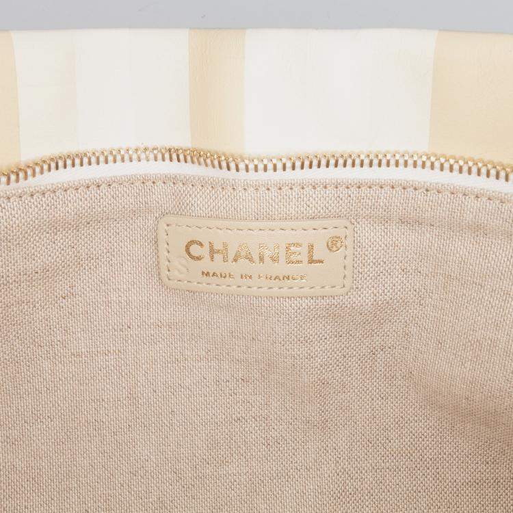 Pre Owned Chanel Cream XL Printed Canvas and Striped Lambskin Foldover Clutch