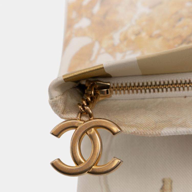 Pre Owned Chanel Cream XL Printed Canvas and Striped Lambskin Foldover Clutch