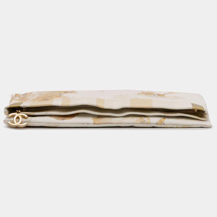 Pre Owned Chanel Cream XL Printed Canvas and Striped Lambskin Foldover Clutch