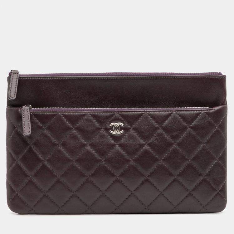 Pre Owned Chanel Purple CC Quilted Lambskin Double Zip Clutch