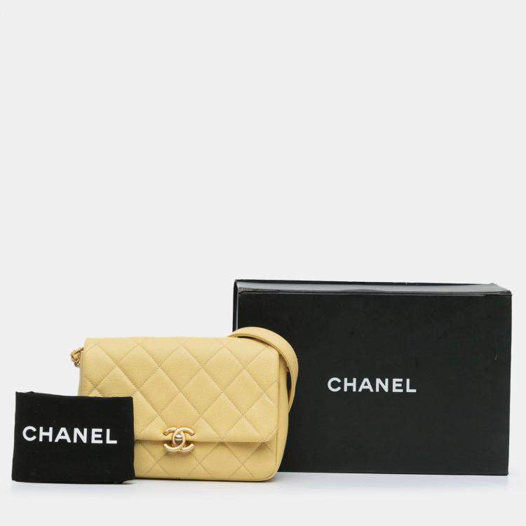 Pre Owned Chanel Yellow Small Quilted Caviar Chain Melody Flap