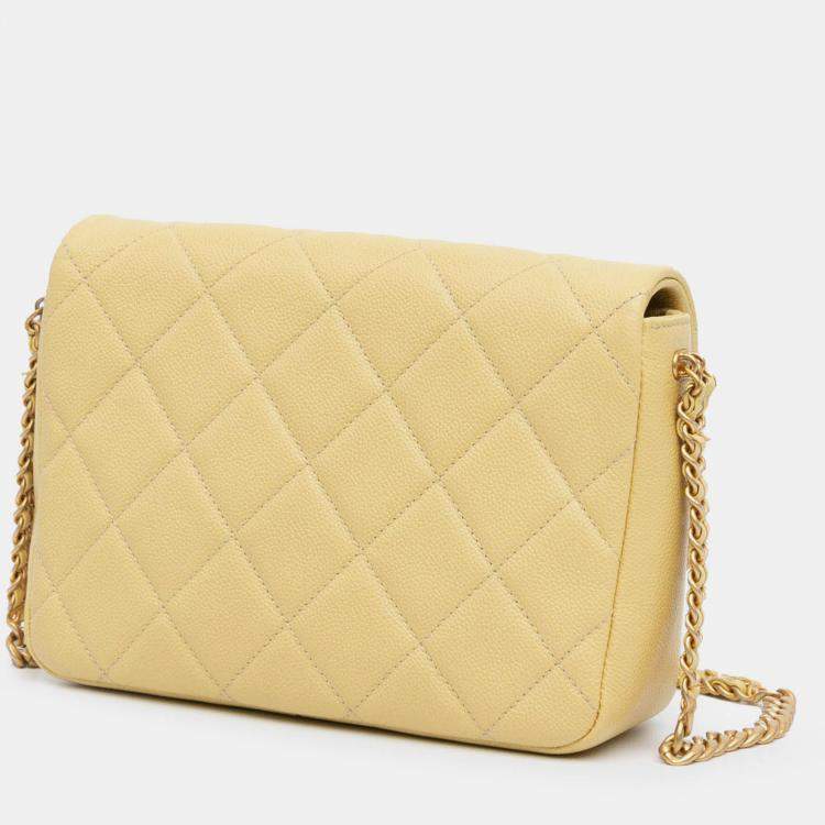 Pre Owned Chanel Yellow Small Quilted Caviar Chain Melody Flap