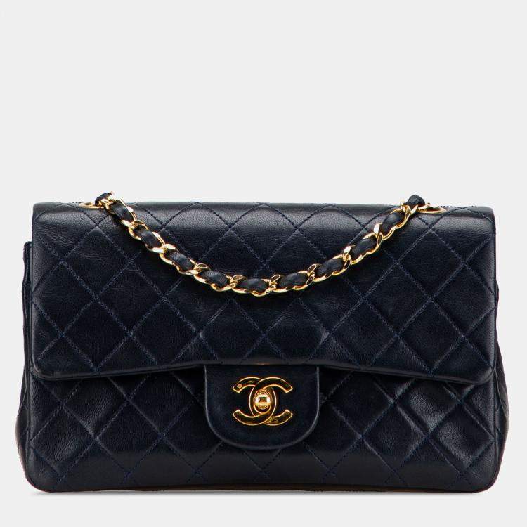 Pre Owned Chanel Blue Small Classic Lambskin Double Flap