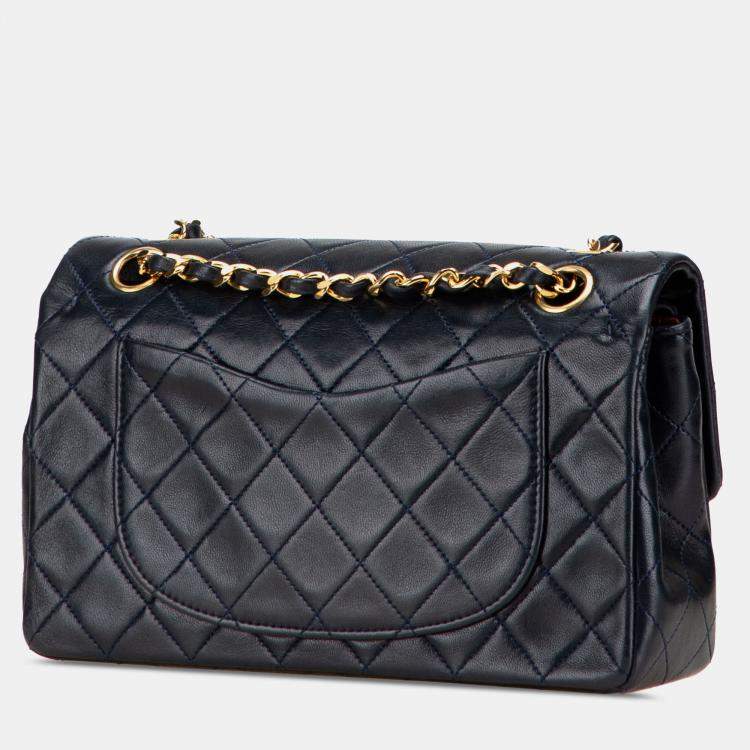 Pre Owned Chanel Blue Small Classic Lambskin Double Flap