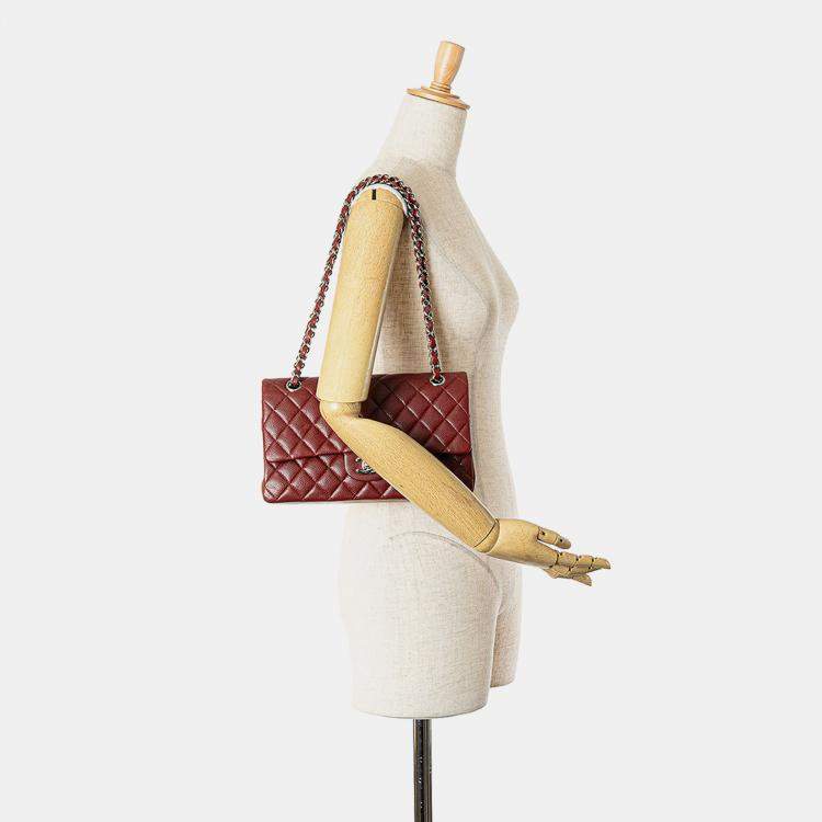 Pre Owned Chanel Red Medium Classic Caviar Double Flap
