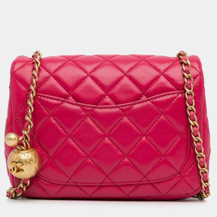 Pre Owned Chanel Pink Mini Square Classic Lambskin Pearl Crush Single Flap