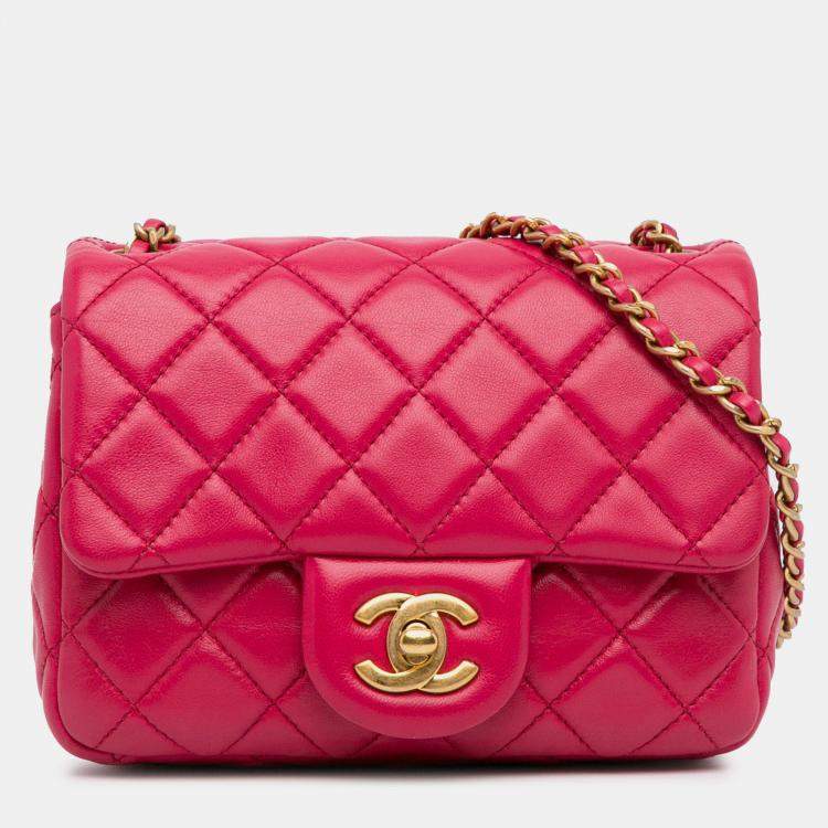 Pre Owned Chanel Pink Mini Square Classic Lambskin Pearl Crush Single Flap