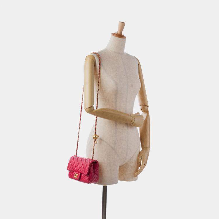 Pre Owned Chanel Pink Mini Square Classic Lambskin Pearl Crush Single Flap