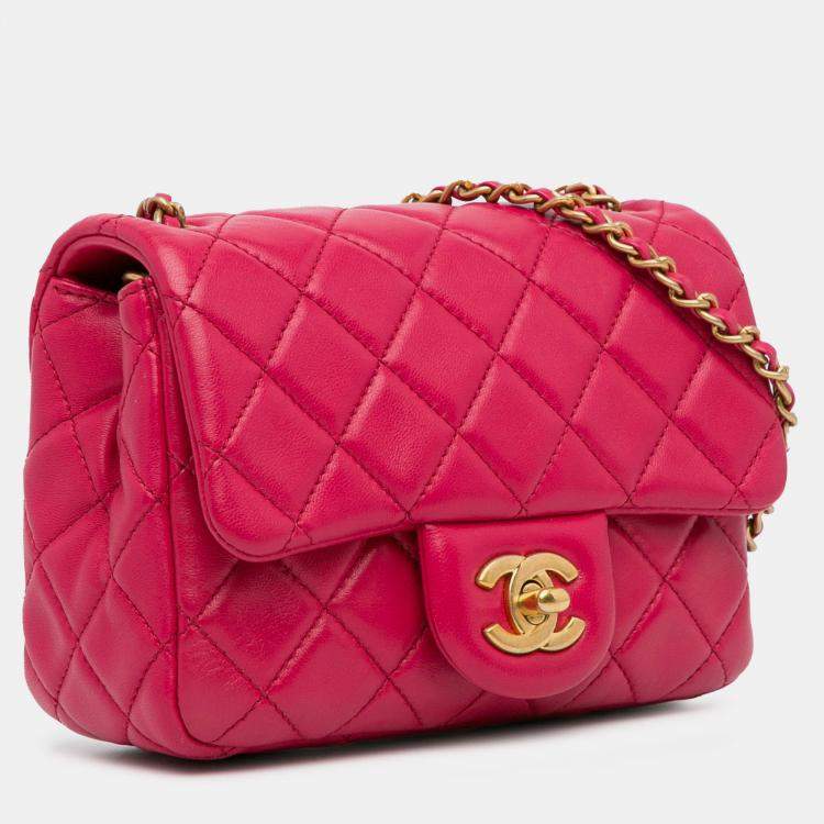 Pre Owned Chanel Pink Mini Square Classic Lambskin Pearl Crush Single Flap