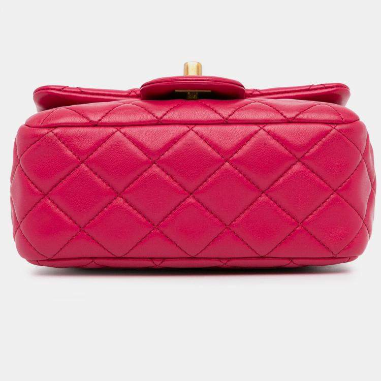 Pre Owned Chanel Pink Mini Square Classic Lambskin Pearl Crush Single Flap