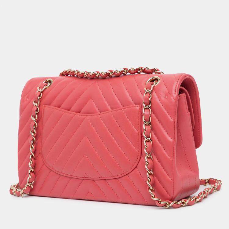 Pre Owned Chanel Pink Medium Classic Chevron Lambskin Double Flap