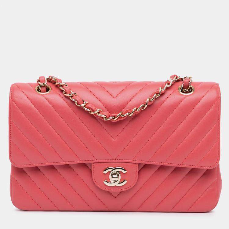 Pre Owned Chanel Pink Medium Classic Chevron Lambskin Double Flap