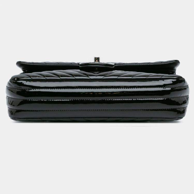 Pre Owned Chanel Black Medium Classic Chevron Patent Double Flap