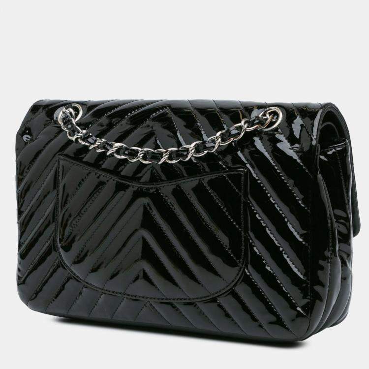 Pre Owned Chanel Black Medium Classic Chevron Patent Double Flap