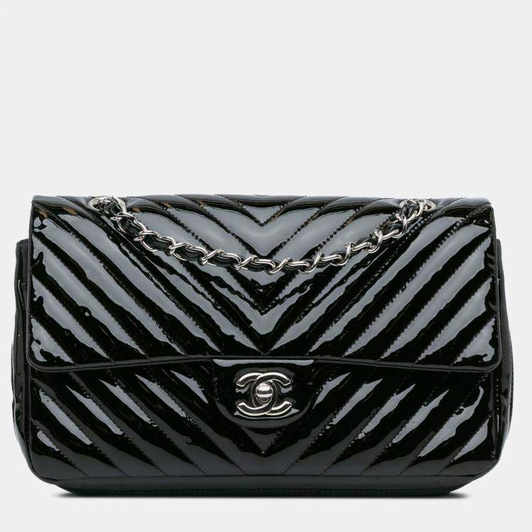 Pre Owned Chanel Black Medium Classic Chevron Patent Double Flap